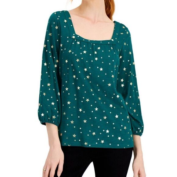 Style & Co. Tops - Style & Co Holiday Emerald Green Gold Metallica Star Print 3/4 Sleeve Top
